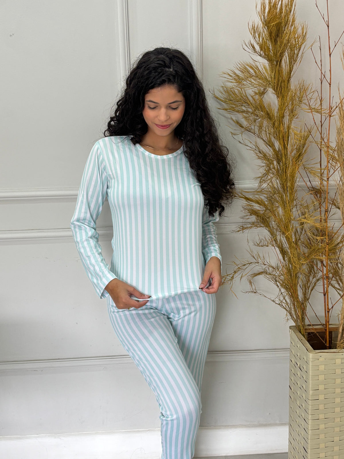 Pijama Listras em Suede Premium - Azul com Branco