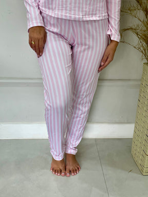 Pijama Listras em Suede Premium - Rosa com Branco